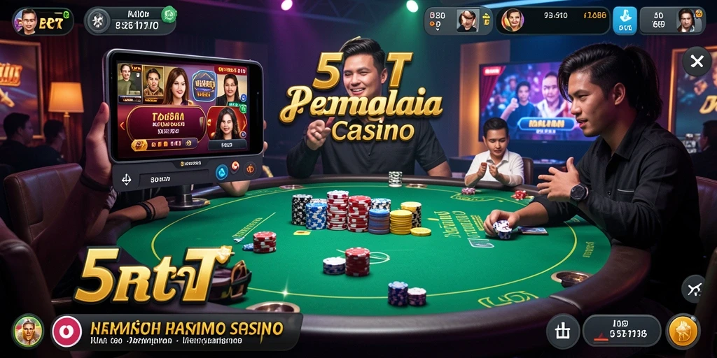 Screenshot gameplay 5RT menampilkan dealer langsung yang ramah dan suasana kasino nyata.