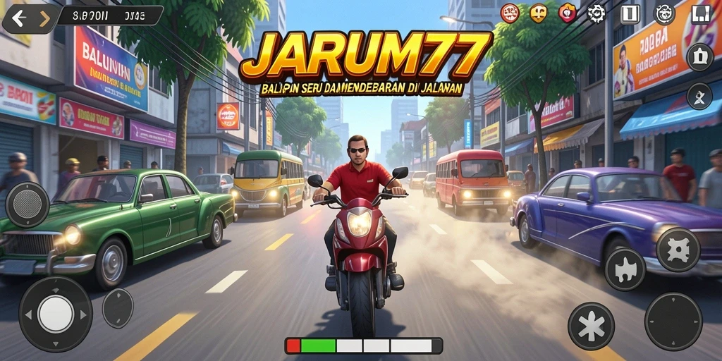 Tampilan gameplay JARUM77 dengan aksi balapan yang mendebarkan.