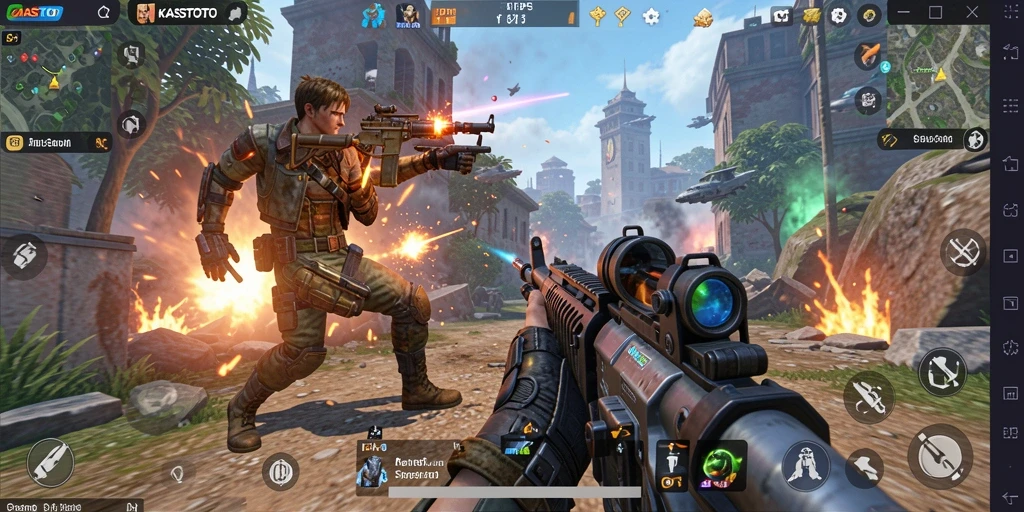 Screenshot utama KASTOTO menampilkan aksi gameplay TPS yang seru.