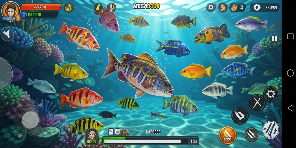 Tampilan gameplay seru dari MEGA338, menembak ikan berwarna-warni.