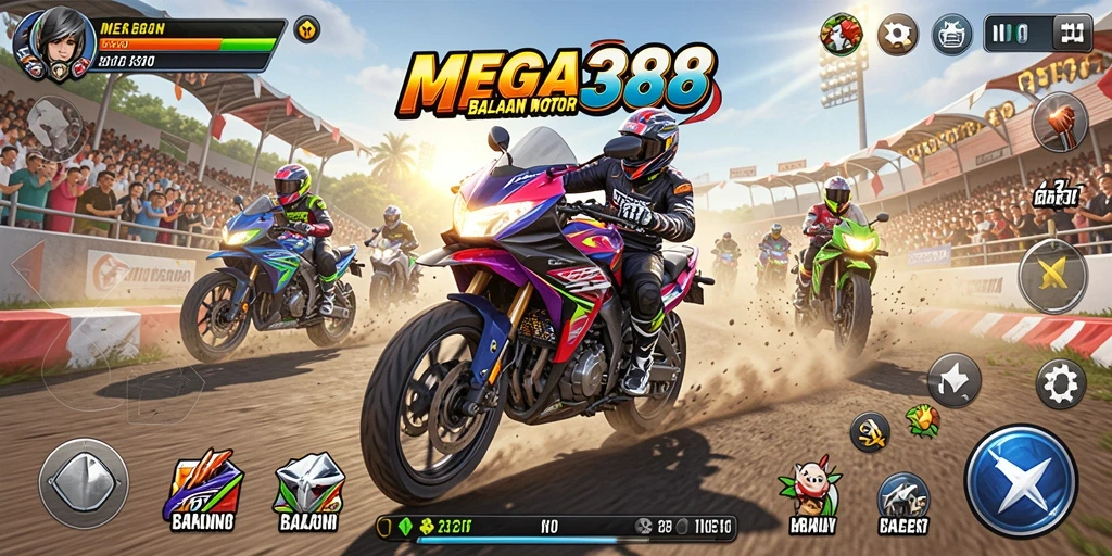 Tampilan gameplay seru dari MEGA388 saat balapan motor.