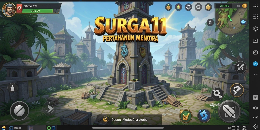 Tampilan gameplay SURGA11 menampilkan strategi pertahanan menara yang menegangkan.