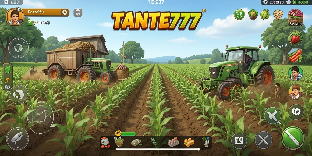 Screenshot gameplay TANTE777 menampilkan ladang subur dan tanaman yang sedang berkembang.